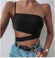 Women's black one-shoulder crop top with sexy asymmetric cutout crisscross waist straps - Black