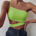 Close-up of asymmetrical green one-shoulder crop top with hollow wrap waist design - S / Green