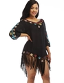 Detail of colorful crochet floral embroidery and long fringes on a black beach cover-up - One Size / Tops / Black