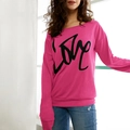 Felpa casual da donna color rosso rosa con girocollo e stampa LOVE nera a maniche lunghe - S / Rosa Rossa