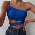 Detail of royal blue one-shoulder crop top with asymmetrical cutout and stretchy fabric - S / Blue