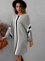Detail of grey knit dress featuring contrast stripes on batwing sleeves and ribbed texture - S / Gray