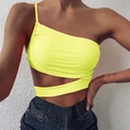 Women's sexy fluorescent yellow one-shoulder crop top with hollow out cutout design - S / Yellow