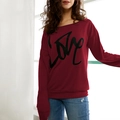 Felpa bordeaux a maniche lunghe con stampa LOVE nera e girocollo casual da donna - S / Rosso Vino