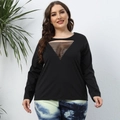 T-shirt donna taglie forti nera a maniche lunghe con scollo a V traforato - 0XL/L / Nero