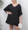 Plus size μαύρο φόρεμα παραλίας με λαιμόκοψη V, βολάν στο στρίφωμα και χαλαρή εφαρμογή - 0XL/L / Μαύρο