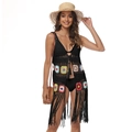 Bohemian black crochet beach cover-up with colorful floral patterns and long fringe - One Size / Tops / Black
