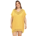 Detail of crochet V-neck and lace trim on a bright yellow plus size beach cover-up dress - XXL / Yellow