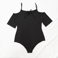 Detail of black ribbed bodysuit featuring cold shoulder straps and front tie bow detail - 0XL/L / Black