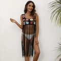 Bohemian crochet beach cover-up with colorful floral patterns and long fringe tassels - One Size / Black