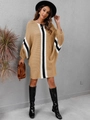 Detail of camel knit dress featuring bold black and white vertical stripe and batwing sleeves - S / Camel