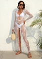 Detail of white lace beach cover-up with floral embroidery and elegant waist tie closure - XL / Tops / White