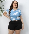 Detail of blue rib-knit crop top with cloud print and side lace trim on black shorts - Blue