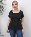 Women's plus size black short sleeve round neck T-shirt with intricate laser-cut hollow hemline - 0XL/L / Tops / Black
