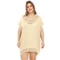 Detail of crochet hollow lace embroidery on beige V-neck beach cover up dress - XXL / Apricot