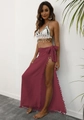 Close-up of crochet bikini top with shells and burgundy wrap skirt with fringe detail - Wine Red
