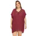 Detailed view of crochet lace splicing on deep wine red V-neck beach cover-up dress - XXL / Burgundy