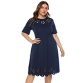 Detailed view of navy blue dress featuring laser-cut floral patterns and round neckline - Navy Blue