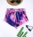 Macro view of tie-dye lounge shorts with white piping and drawstring waist detail - 0XL/L / Tie Dye Purple