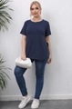 Detail view of plus size navy blue short sleeve T-shirt with side slit and round neck - Navy Blue