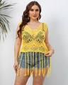Close-up of bright yellow crochet beach cover-up with hollow patterns and long fringe - 1XL / Tops / Yellow
