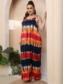 Detail of vibrant horizontal tie-dye print on a loose plus size maxi sundress fabric - 3XL / Tops / Red
