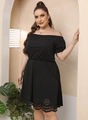Plus size off-shoulder black dress with laser-cut hollow details and cinched waist - 0XL/L / Black
