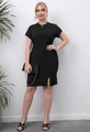 Close-up of side slit detail on black rib-knit bodycon midi dress for women - 0XL/L / Black