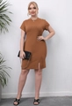 Detail of brown ribbed knit texture and side slit on this slim fit short sleeve dress - 1XL / Yellow