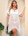 Vestido playero de ganchillo blanco con dobladillo irregular y lazo para tallas grandes - 1XL / Blanco