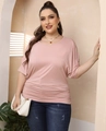Detail of pink plus size T-shirt with side ruching and soft pleated waist design - Dusky Pink