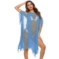 Detail of blue crochet beach cover-up with distressed hollow out texture and long tassels - One Size / Light Blue