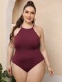 Detail van bordeauxrode halter bodysuit van rekbare stof met een nauwsluitende pasvorm - Wijnrood