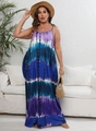 Detail of plus size maxi dress featuring blue and purple striped tie-dye print with straps - 1XL / Tops / Blue