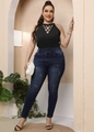 Detail of plus size black cutout halter top with woven neckline and denim jeans - 1XL / Black