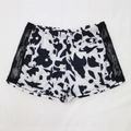 Women's cow print lounge shorts with side sheer floral lace panels and elastic waist - 3XL / Bottoms / Black and White