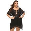 Detalle de vestido playero negro de ganchillo de talla grande con calados y cuello en V - 1XL / Negro