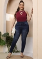 Detail of burgundy halter top with geometric cut-out neckline and high-waisted jeans - 1XL / Wine Red