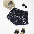 Women's beach shorts with black marble print, elastic waist and white contrast binding - Tie-dye Black