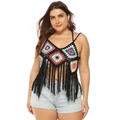 Bohemian crochet halter top with colorful patchwork and long fringe tassels - One Size / Tops / Black
