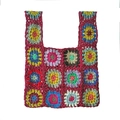 Handmade crochet tote bag with colorful granny squares and deep red knit handles - Wine Red
