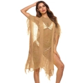 Detail of khaki crochet beach cover-up featuring cutout knit texture and tassel hem design - One Size / Khaki