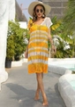 Detail of yellow and white striped crochet beach cover-up with textured knit pattern - One Size / Turmeric