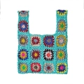 Handmade crochet granny square tote bag in bright turquoise with colorful floral patterns - Sky Blue