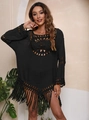 Detail of bohemian black beach cover-up featuring intricate crochet neckline and fringe hem - 2XL / Black