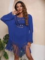 Bohemian dark blue crochet beach cover-up dress with fringe hem and flare sleeves - 2XL / Royal Blue