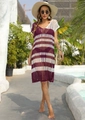Detail of purple and white striped hollow knit bikini cover up dress with V-neck design - One Size / Burgundy