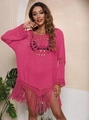 Close-up of rose pink crochet beach cover-up featuring fringe hem and hollow knit details - 2XL / Rose Red