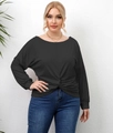 Camiseta negra de talla grande para mujer con detalle de nudo cruzado en el frente - 0XL/L / Negro