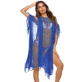 Copricostume da spiaggia blu Klein sexy da donna in maglia traforata con frange - Taglia unica / Blu scuro